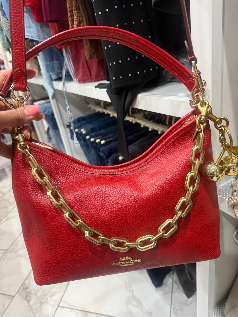 Coach Red Pebbled Leather Shoulder Bag and will include link chain & charm